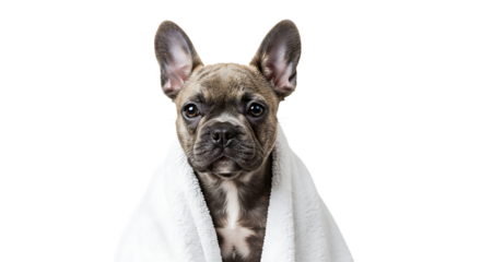 Adorable French Bulldog Puppy Wrapped in a White Towel