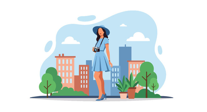 Flat style illustration of a stylish woman with a camera exploring the city, representing urban tourism, photography, summer lifestyle, fashion, and modern travel inspiration