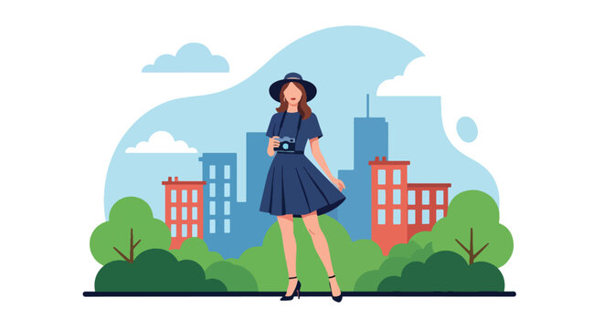 Flat style illustration of a stylish woman with a camera exploring the city, representing urban tourism, photography, summer lifestyle, fashion, and modern travel inspiration