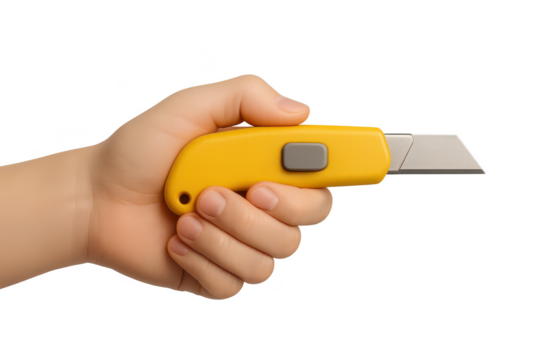 Hand holding yellow utility knife isolated on transparent background, safety