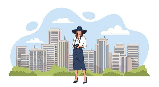 Flat style illustration of a stylish woman with a camera exploring the city, representing urban tourism, photography, summer lifestyle, fashion, and modern travel inspiration