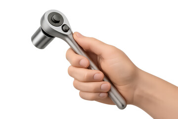 Hand holding metal ratchet wrench isolated on transparent background, tool usage