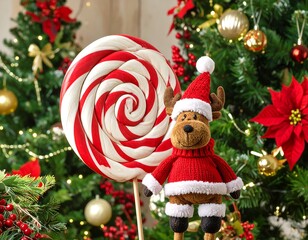 Christmas-themed still life with a large red and white swirl lollipop, a Santa hat-wearing stuffed reindeer, and Christmas trees
