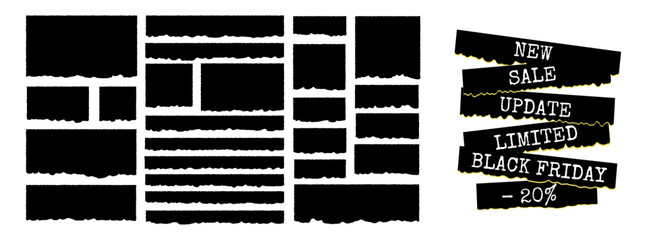 Torn paper rectangles with rough edges for collage and label design. Vector illustration on an isolated background
