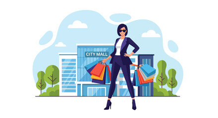Flat style illustration of a fashionable woman standing with shopping bags in front of a modern mall, symbolizing retail therapy, lifestyle, fashion, leisure, and consumer culture