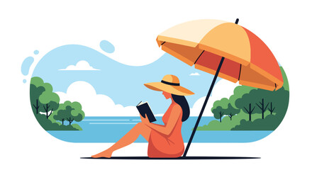Flat style illustration of a woman sitting under a beach umbrella reading a book by the sea, symbolizing summer vacation, relaxation, leisure, and peaceful lifestyle