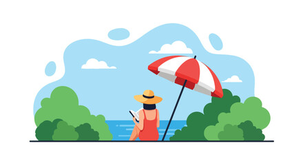 Flat style illustration of a woman sitting under a beach umbrella reading a book by the sea, symbolizing summer vacation, relaxation, leisure, and peaceful lifestyle