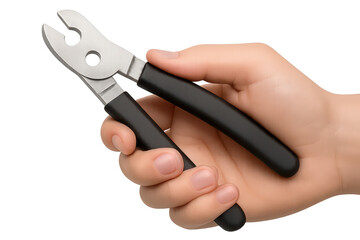 Obraz premium Hand holding cutting pliers isolated on transparent background, tool concept.