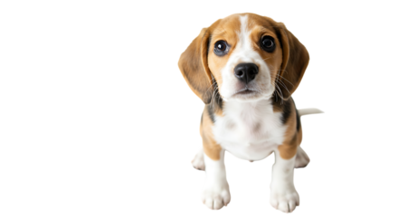 Adorable Beagle puppy looking directly at the camera with a sweet expression.