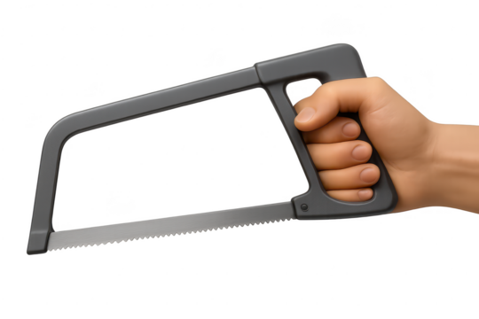 Hand holding a hacksaw isolated on a transparent background, grey tool cut-out