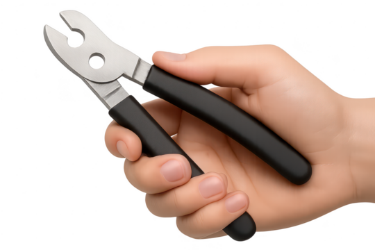 Hand holding cutting pliers isolated on transparent background, tool concept.