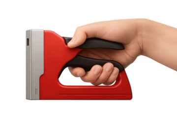 Hand holding a red and gray staple gun on a transparent background, tool use