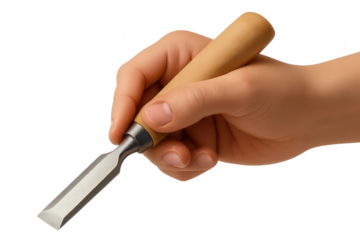 Hand holding wood chisel isolated on transparent background, carpentry tool