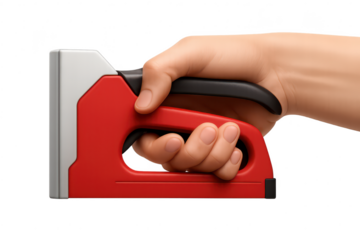 Human hand holding a red staple gun, isolated on transparent background