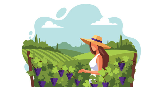 Flat style illustration of a woman in a hat standing in a vineyard with grapevines, symbolizing wine production, agriculture, farming, and rural lifestyle