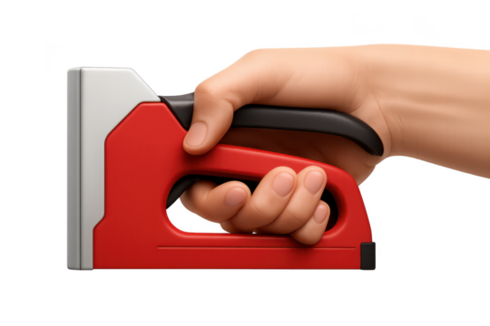 Human hand holding a red staple gun, isolated on transparent background