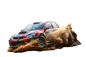 Multi-colored rally car in a dust cloud on background racing motorsport isolated on a transparent background