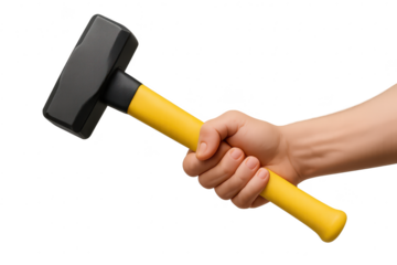 Hand holding a sledgehammer with yellow handle on transparent background.