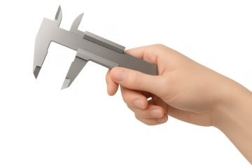 Illustration of hand holding digital calipers on transparent background, isolated