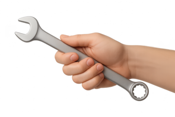 Hand holding a wrench on transparent background, tool isolated and cut-out