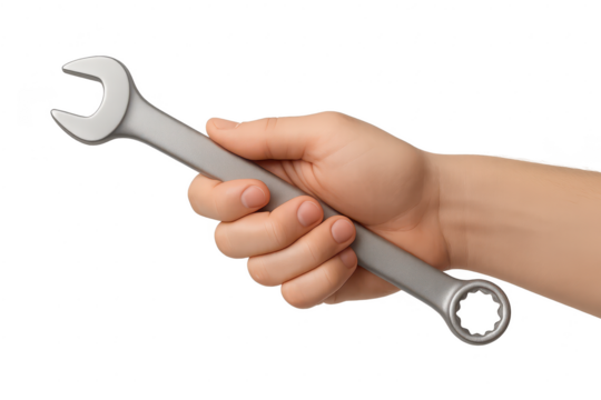 Hand holding a wrench on transparent background, tool isolated and cut-out
