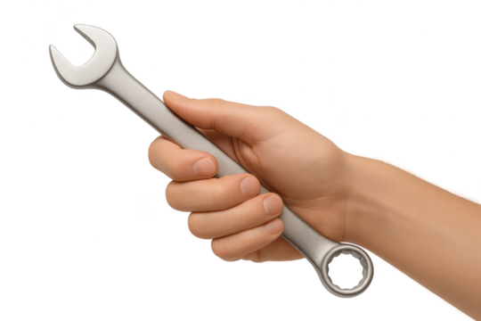 Hand holding wrench isolated on transparent background, tool in hand service