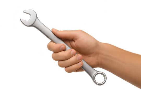 Hand holding a wrench isolated on a transparent background, tool concept
