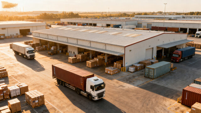 Logistics Operations at Warehouse with Delivery Trucks