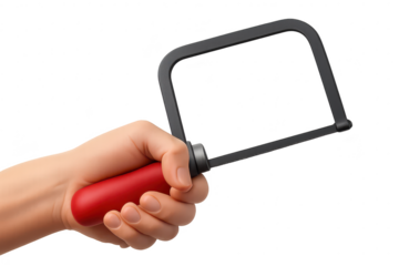 Hand holding coping saw, isolated on transparent background, realistic vector