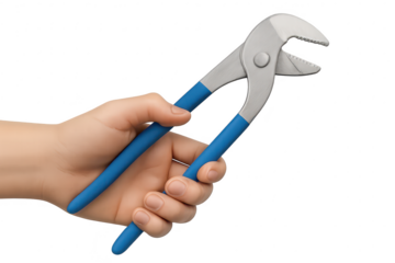 Hand holding blue groove joint pliers isolated on transparent background.