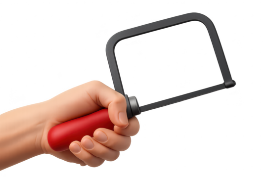 Hand holding coping saw, isolated on transparent background, realistic vector