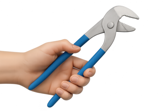 Hand holding blue groove joint pliers isolated on transparent background.