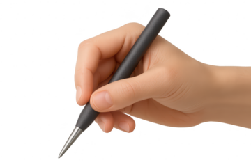 Hand holding a black pen on a transparent background, writing tool isolated