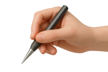 Hand holding a graphite pencil isolated on a transparent background, drawing