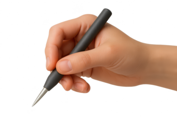 Hand holding black stylus pen isolated on transparent background, writing