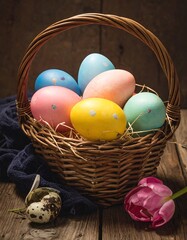Colorful Easter eggs in a basket