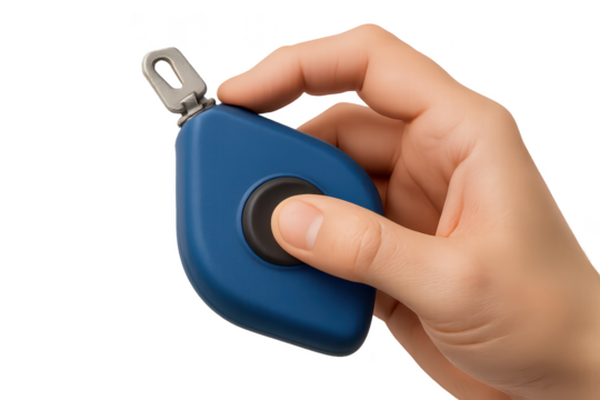 Hand holding a blue chalk line reel on transparent background, isolated shot