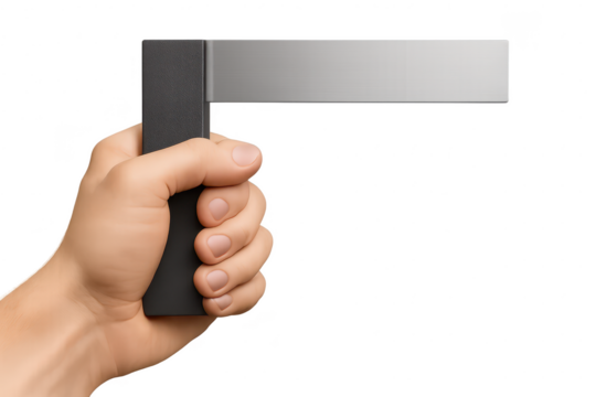 Hand holding try square isolated on transparent background, tool for carpentry