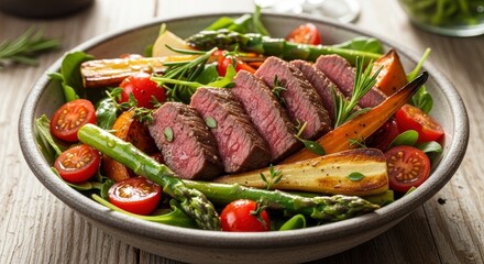 Salad in bowl with sliced steak asparagus tomatoes carrots herbs  lettuce on wood surface