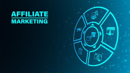 Affiliate marketing concept with icons. Pay per click, buyer, publisher, link, advertising, website, SEO, merchant. Web vector infographic