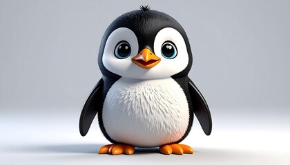 Cute cartoon penguin, fluffy and smiling, against a plain light gray background