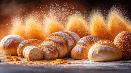 Assortment of loaves, slices, and buns with dust billowing in an orange light