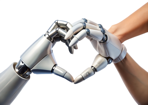 Robotic Hand and Human Hand Intertwined Forming a Heart robot hand heart shape isolated on a transparent background