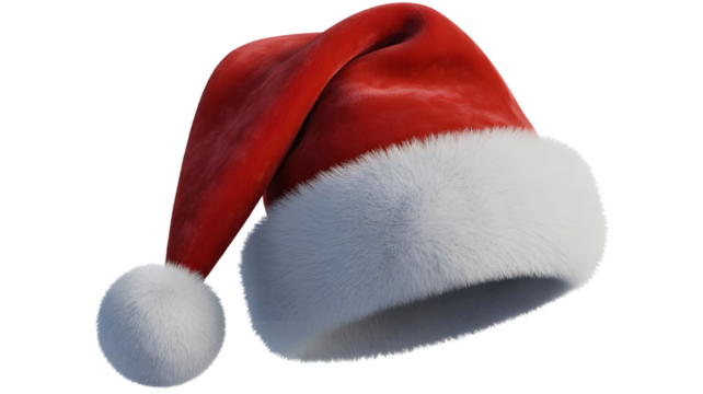 Classic red and white santa claus hat with fluffy white trim and pom pom isolated on transparent background