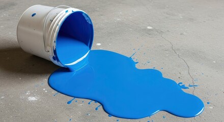 Spilled blue paint bucket on a concrete floor