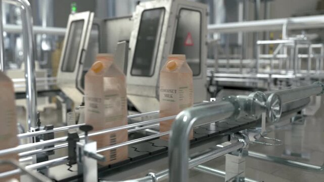 Realistic animation of the facility equipment moving the product. Realistic automatization of the conveyor equipment carrying packages at the facility. Realistic facility equipment moving the cartons.