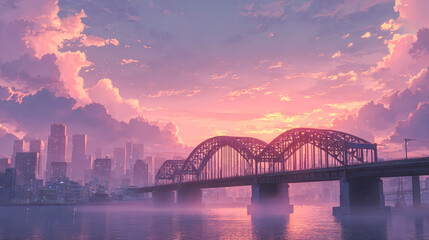 Naklejka premium Cityscape Bridge Sunset Pink Sky Urban Landscape