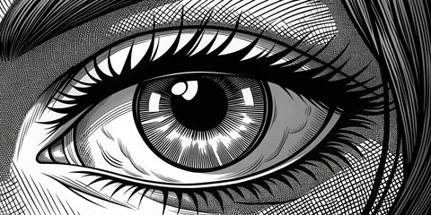 Close-up of a detailed, high-contrast comic-style eye illustration, using black and white ink with a focus on intricate linework, emphasizing the eyelashes, iris, and shading around the eye.