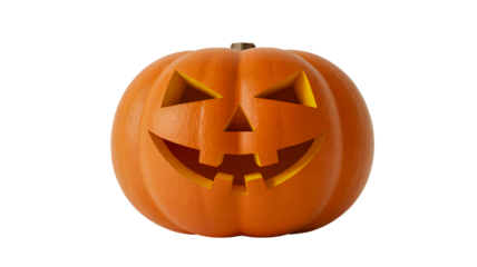 Spooky carved halloween pumpkin with a grinning face and glowing eyes isolated on transparent background