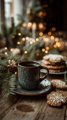 Fototapeta premium Cozy winter morning with steaming ceramic mug of hot drink, festive decorated gingerbread cookies, pine branches, and soft blurred Christmas tree lights in background